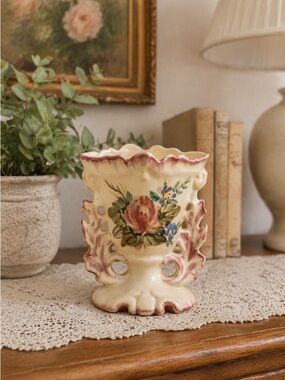 Vintage Porcelain Vase Floral Openwork Pink Trim Cottagecore Decor